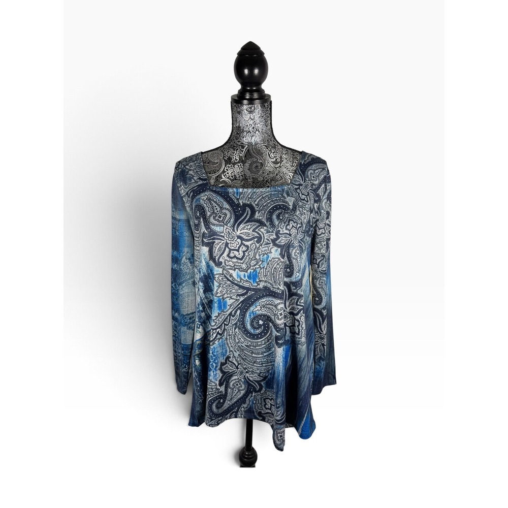 One World Live & Let Live Blue Paisley Boho Tunic Top XL NWT
